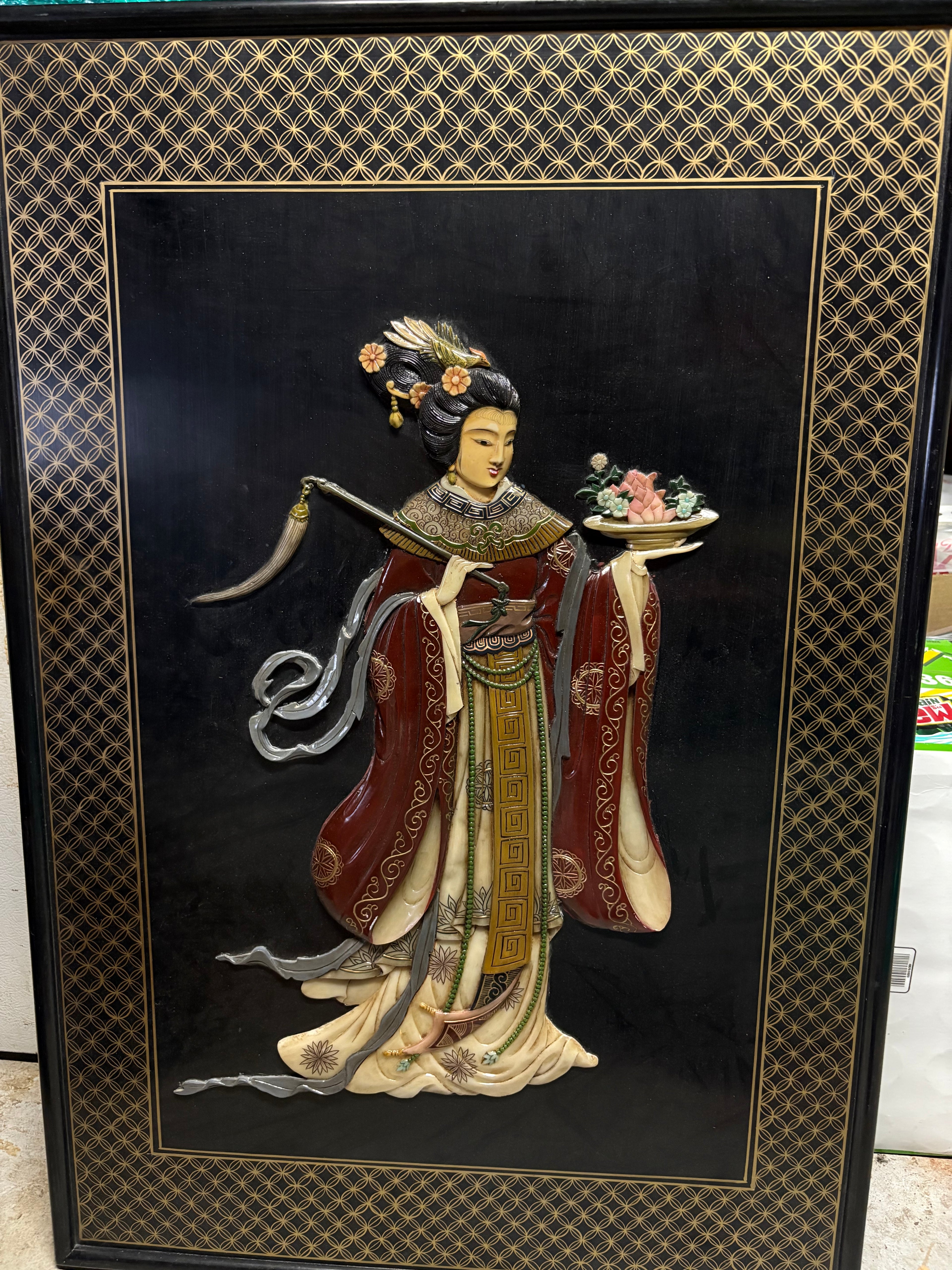 Japanese Black Lacquer Embossed Raised Wall Panels