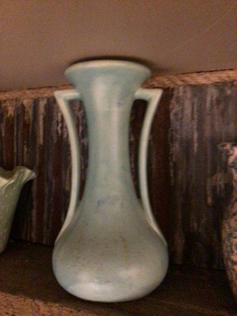 Teal USA pottery vase with handles