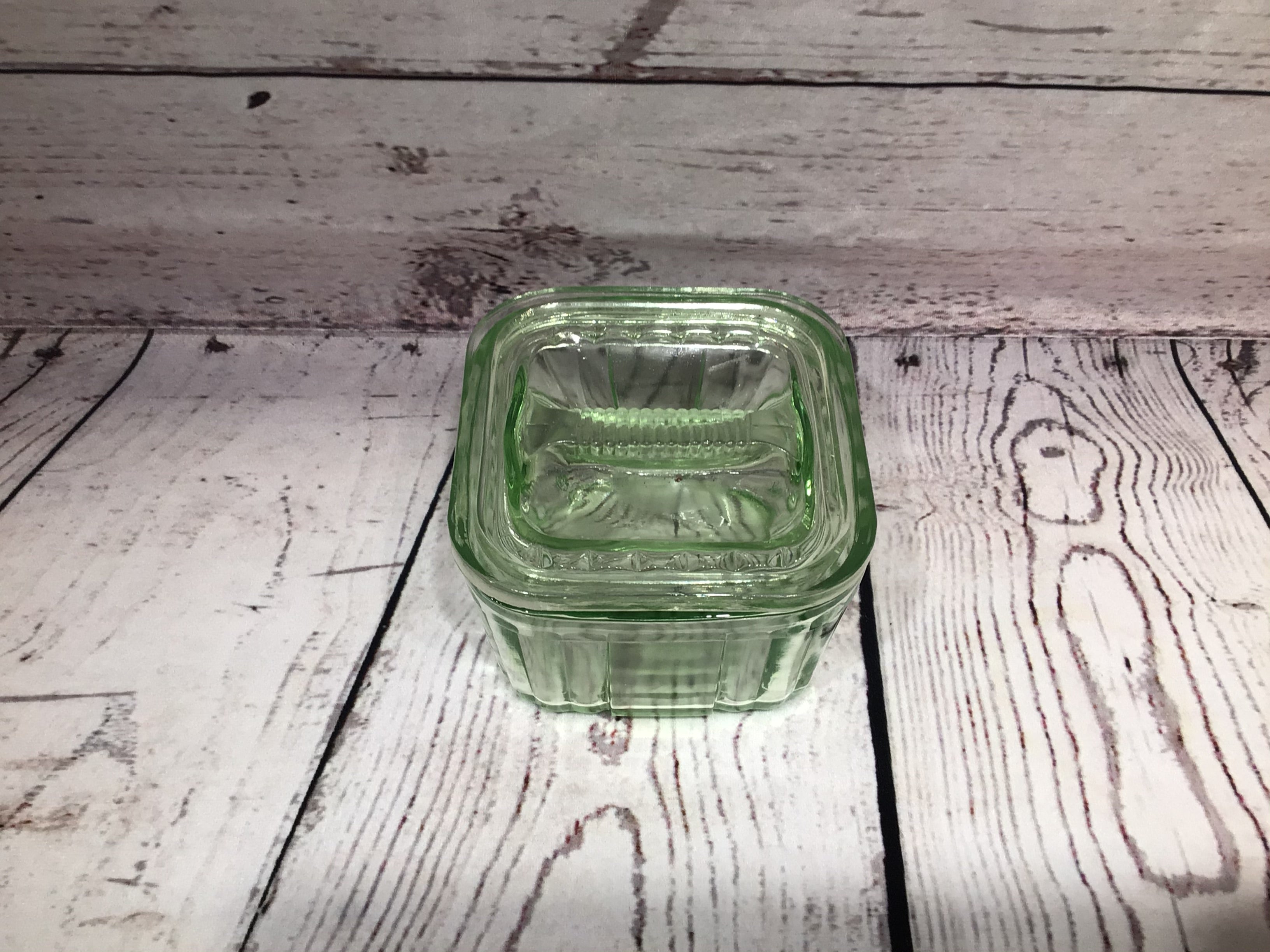 Green depression glass small dish with lid