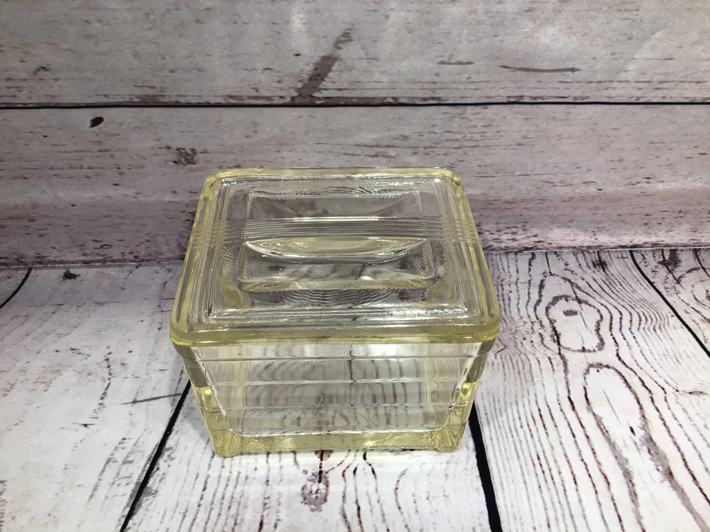 Yellow depression square candy dish with lid