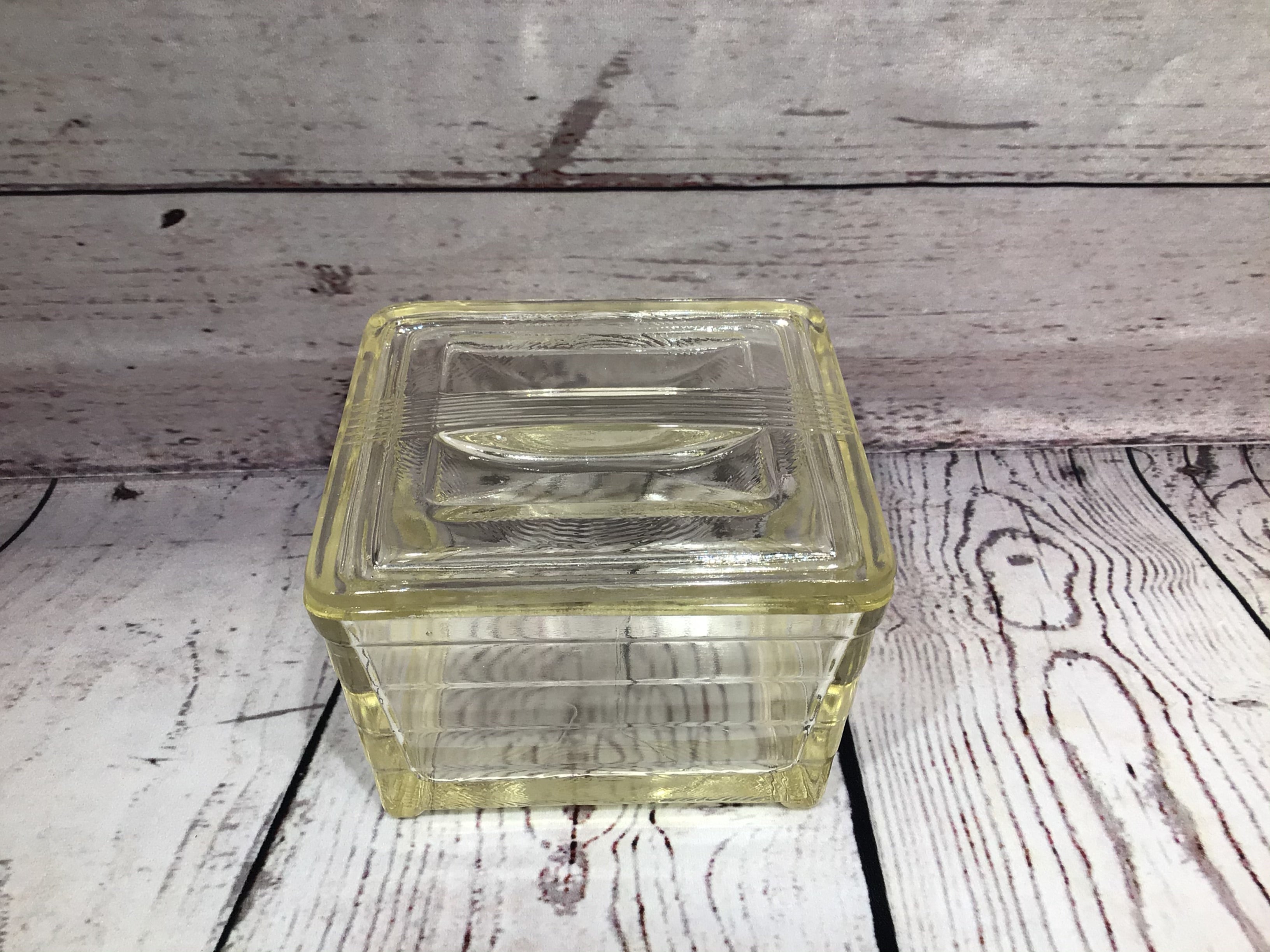 Yellow depression square candy dish with lid
