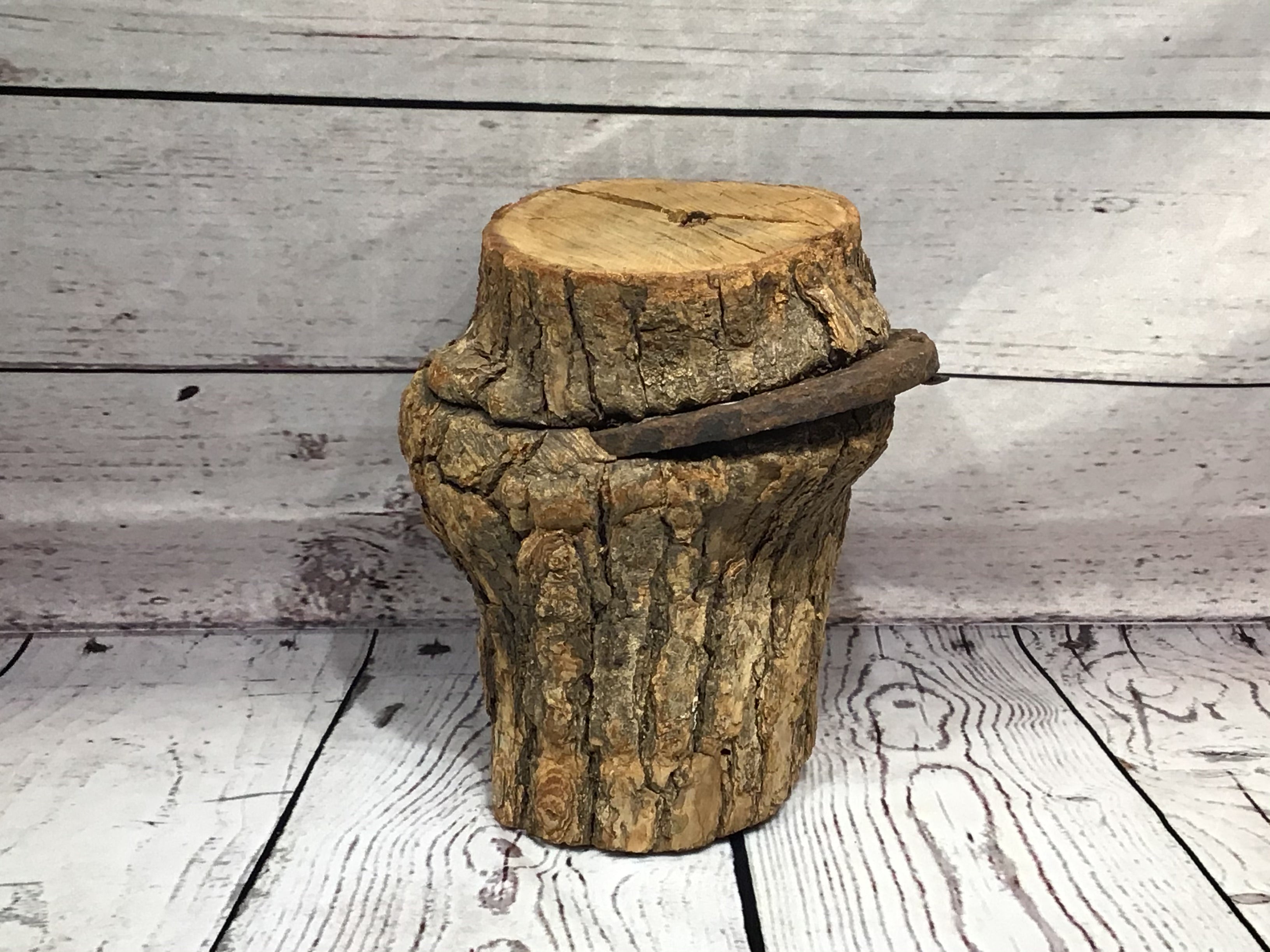 Wood stump with horse shoe