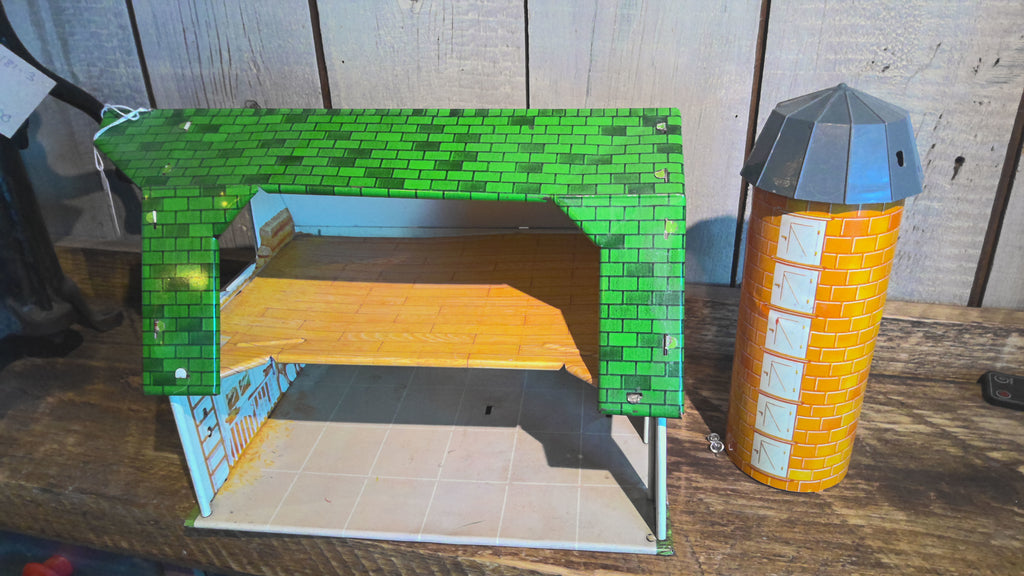 Vintage metal toy barn w/ silo