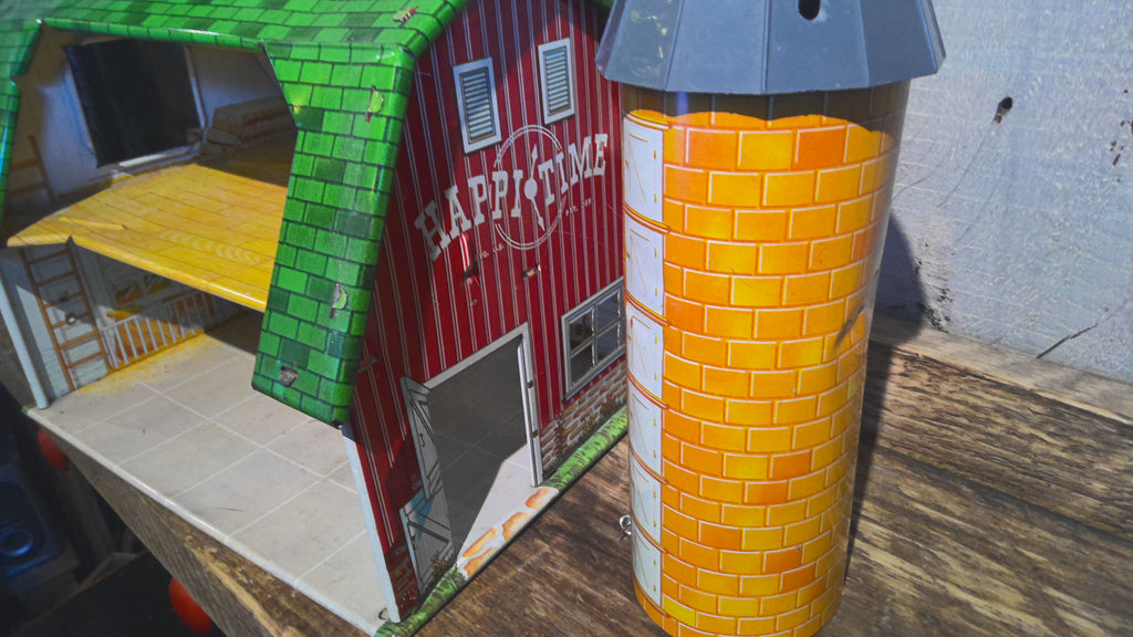 Vintage metal toy barn w/ silo