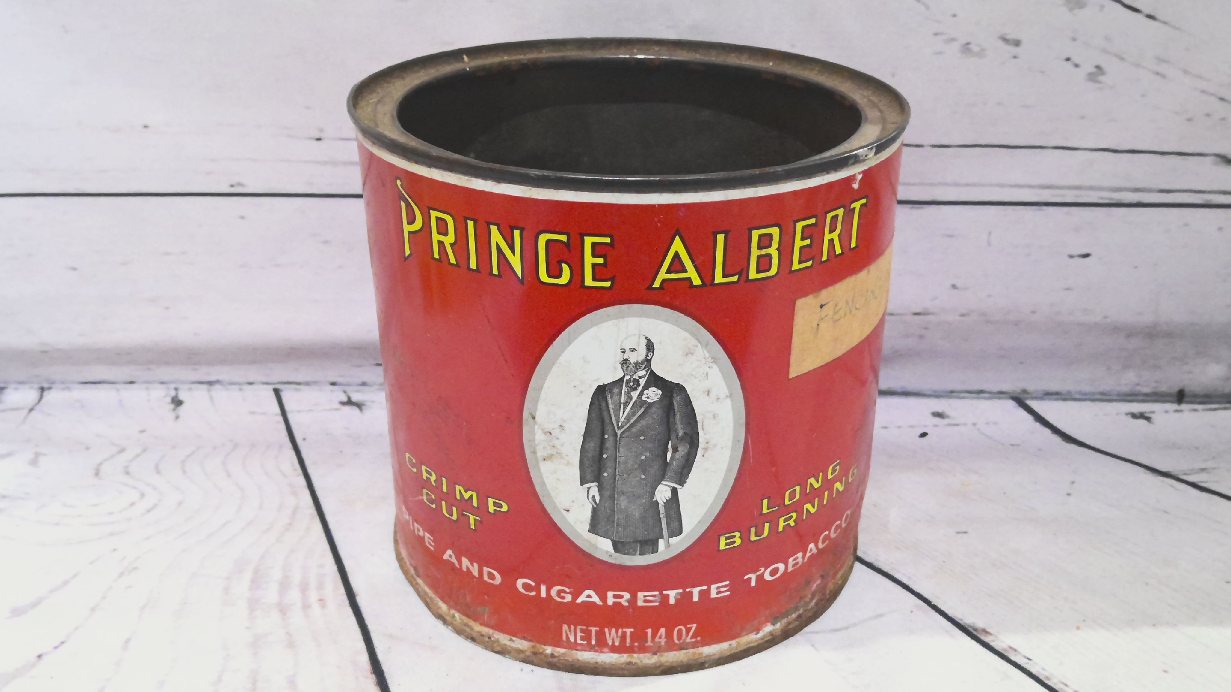 Prince Albert crimp cut pipe and cigarette tobacco can
