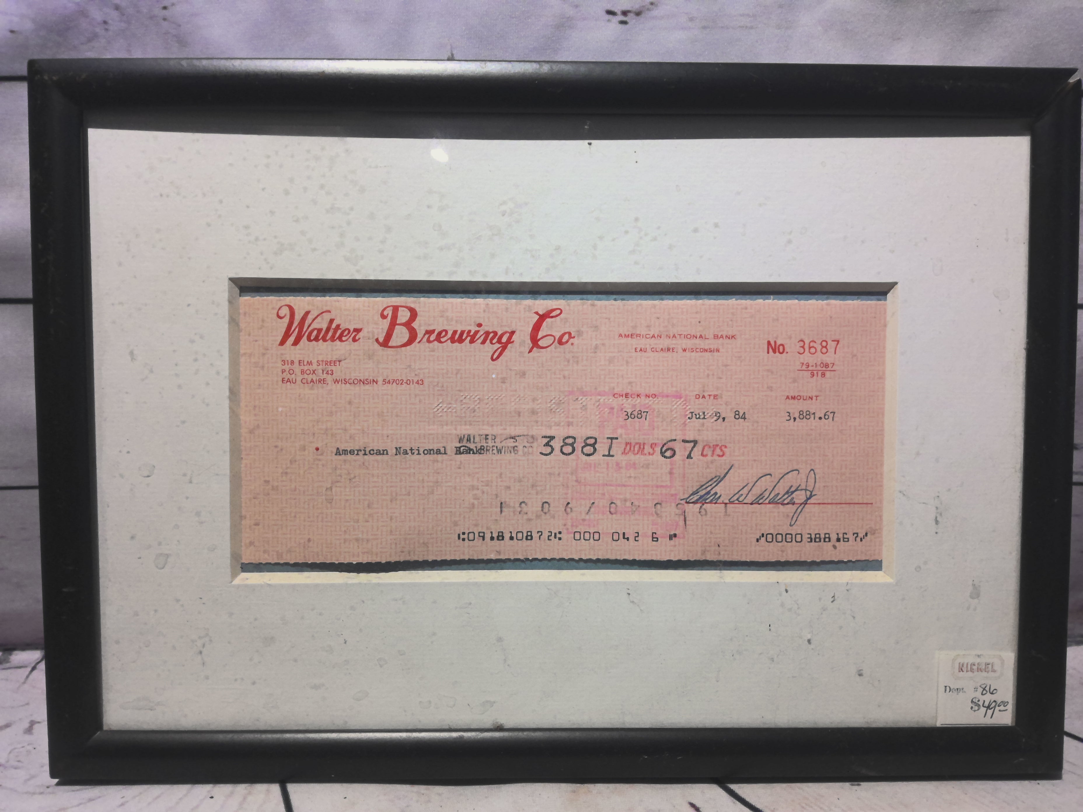 Walter Brewing Co. Check