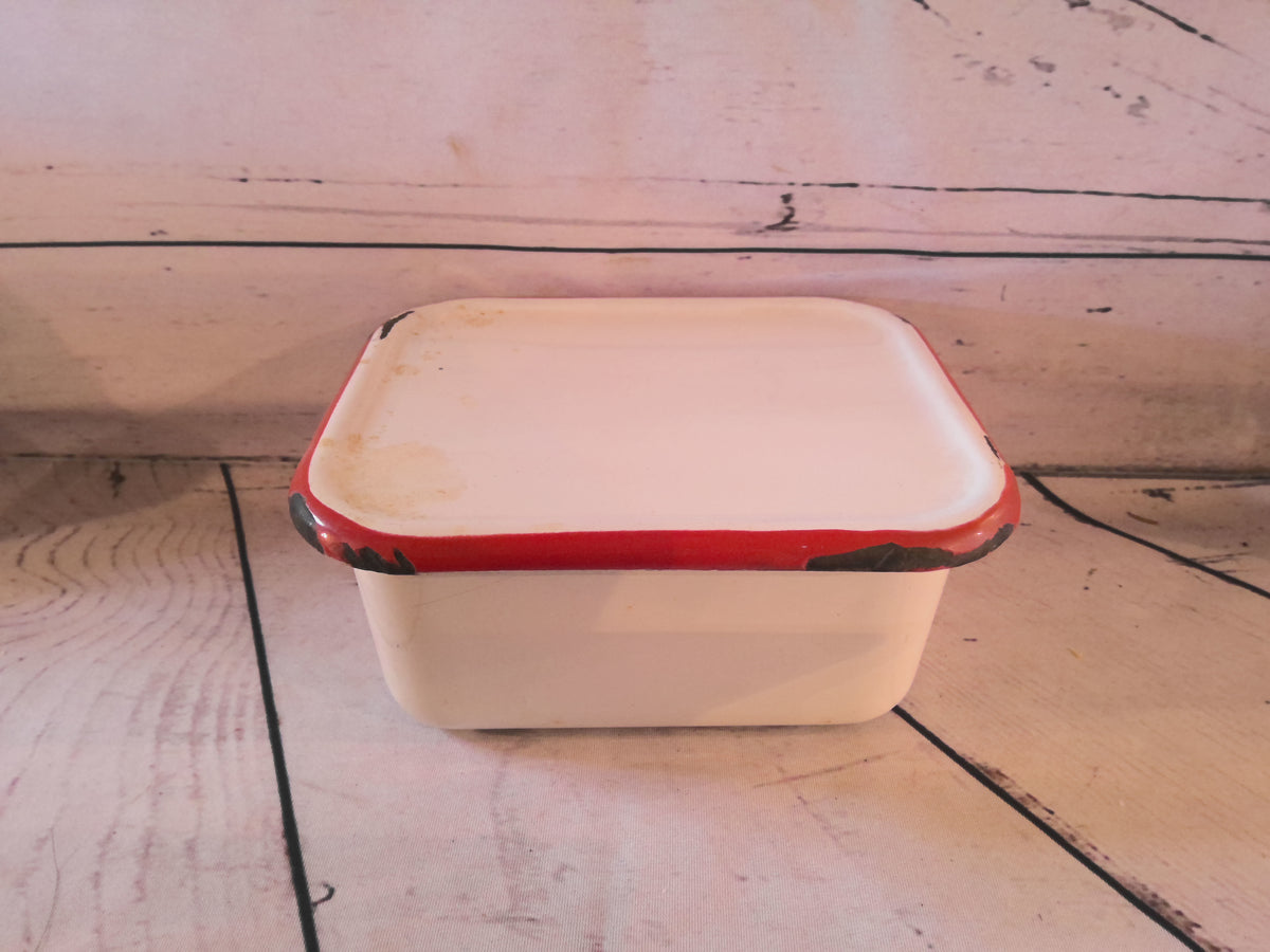 Square red enamel container