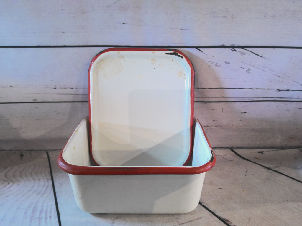 Square red enamel container
