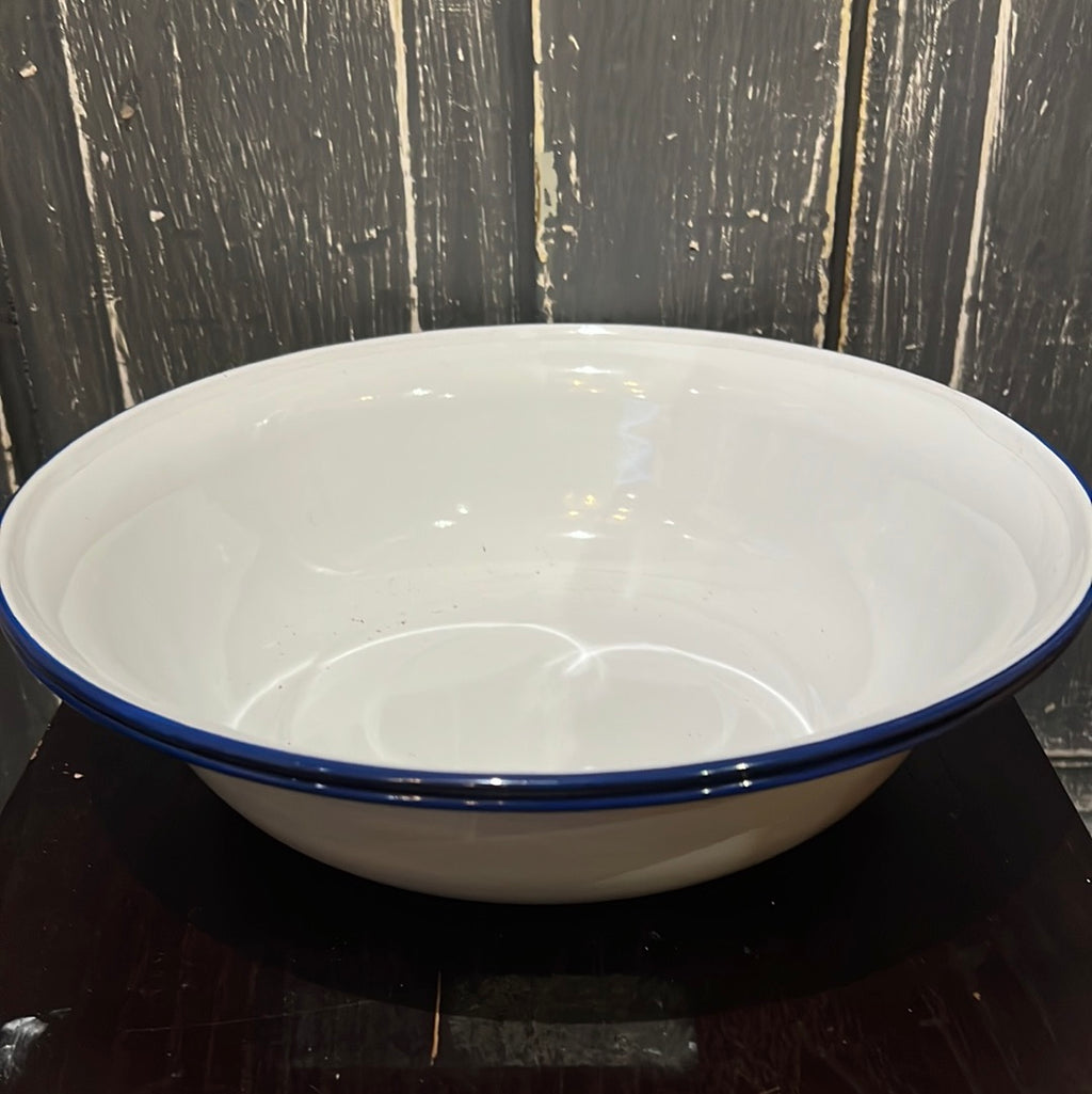 White w/ Blue Enamel Serving Bowl/plate