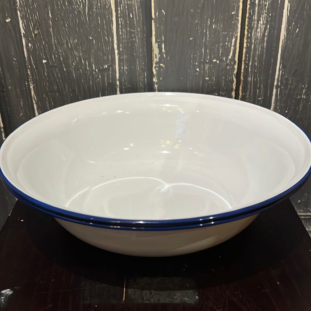 White w/ Blue Enamel Serving Bowl/plate