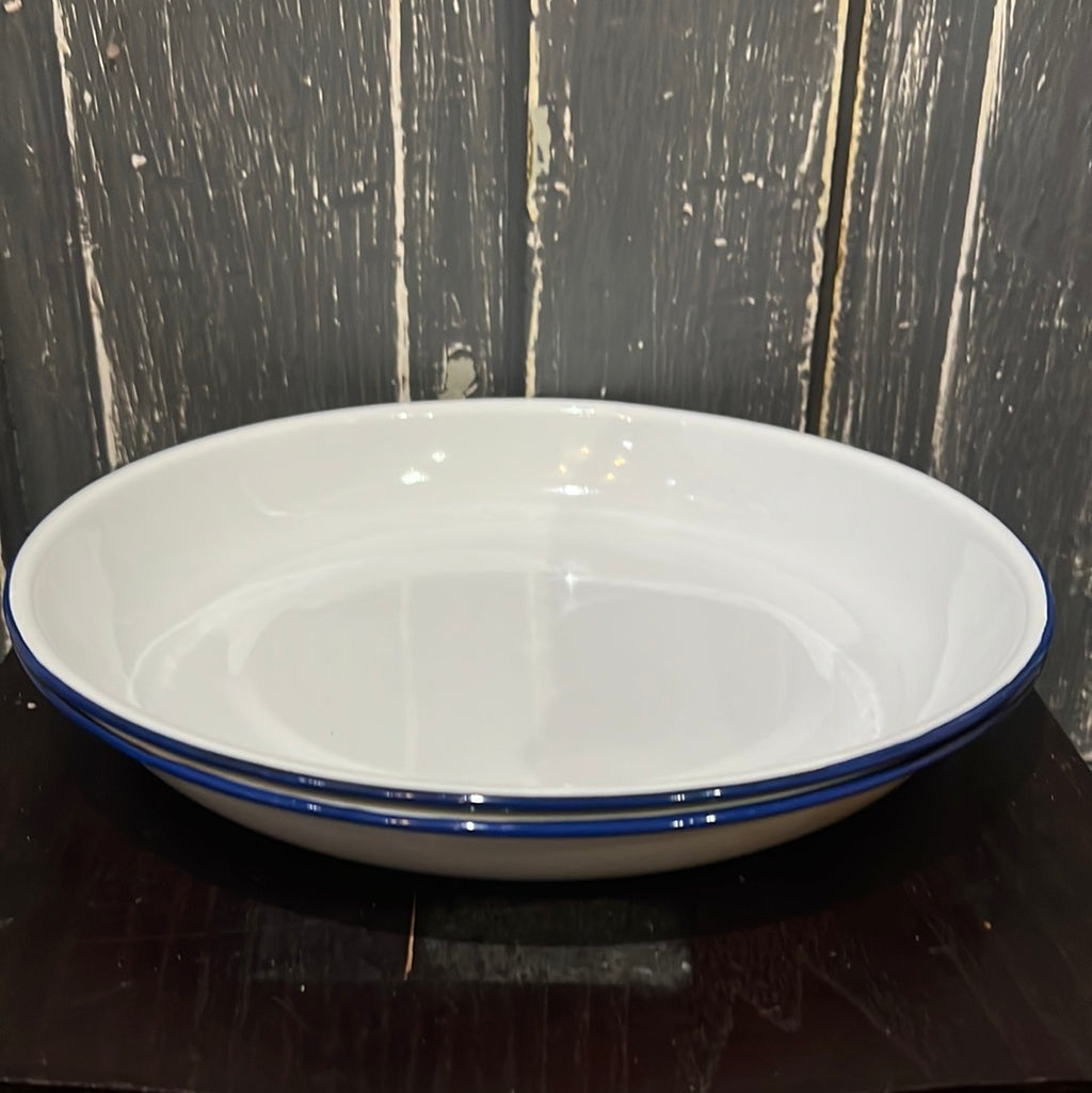 White w/ Blue Enamel Serving Bowl/plate