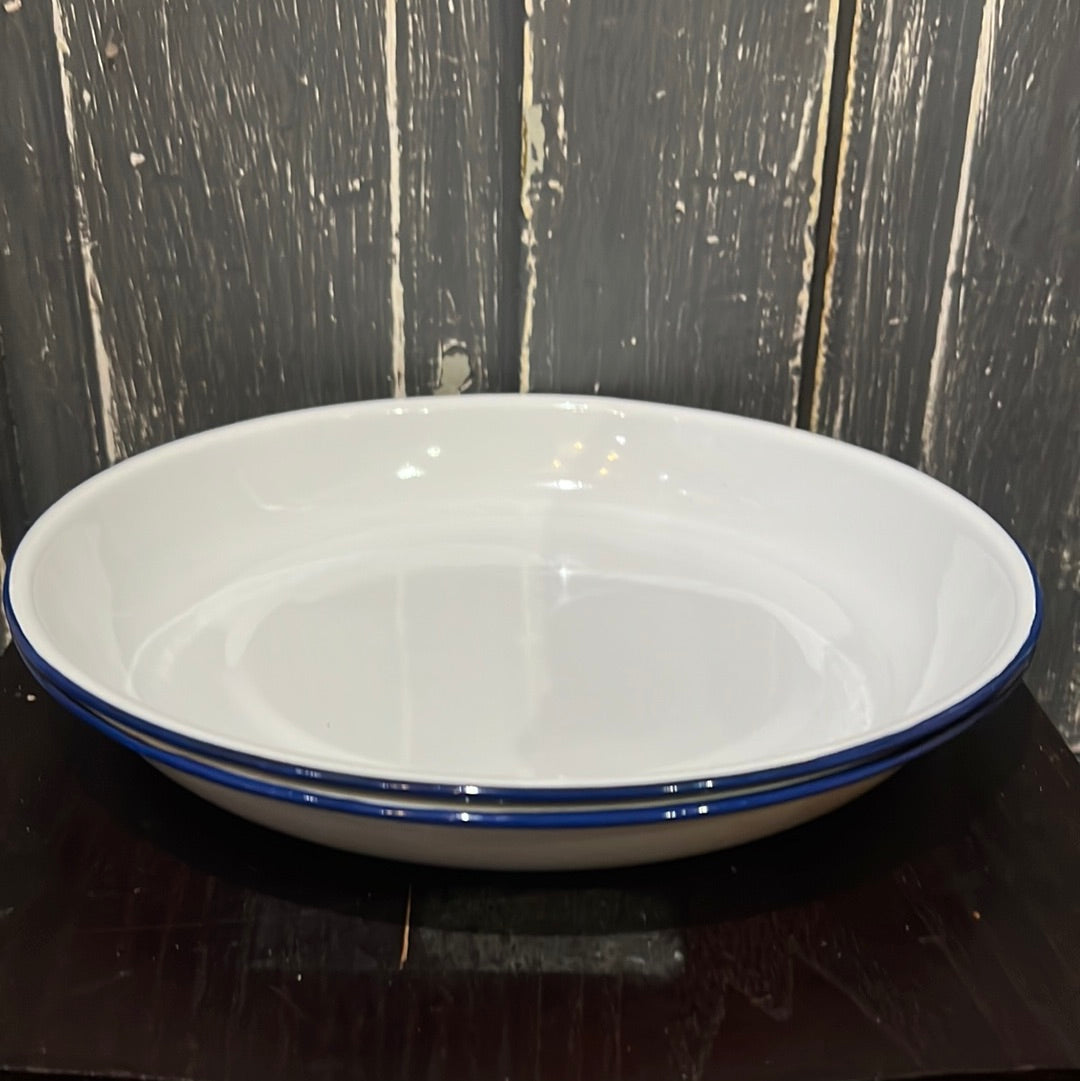 White w/ Blue Enamel Serving Bowl/plate